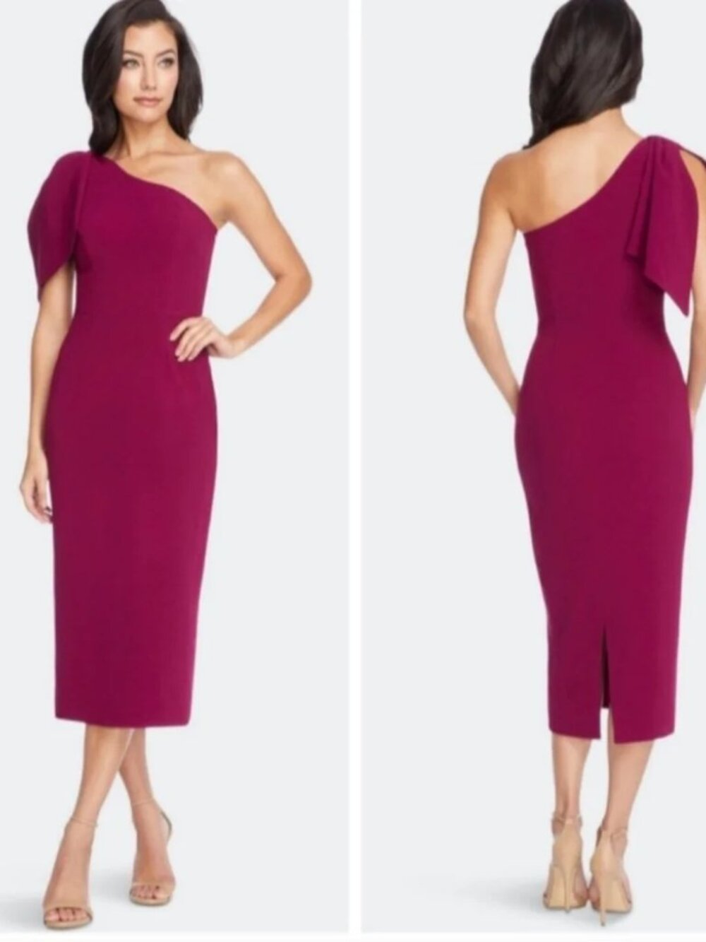 Dress the Population Dress Berry Tiffany One Shoulder Sheath Midi Dress M